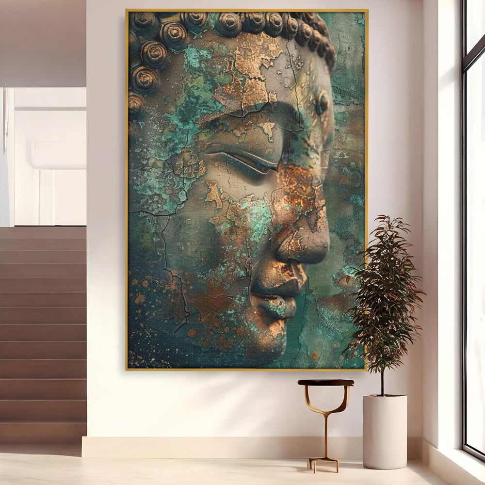 Tablou canvas cu tablou canvas cu profil de buddha, in rama de aluminiu auriu